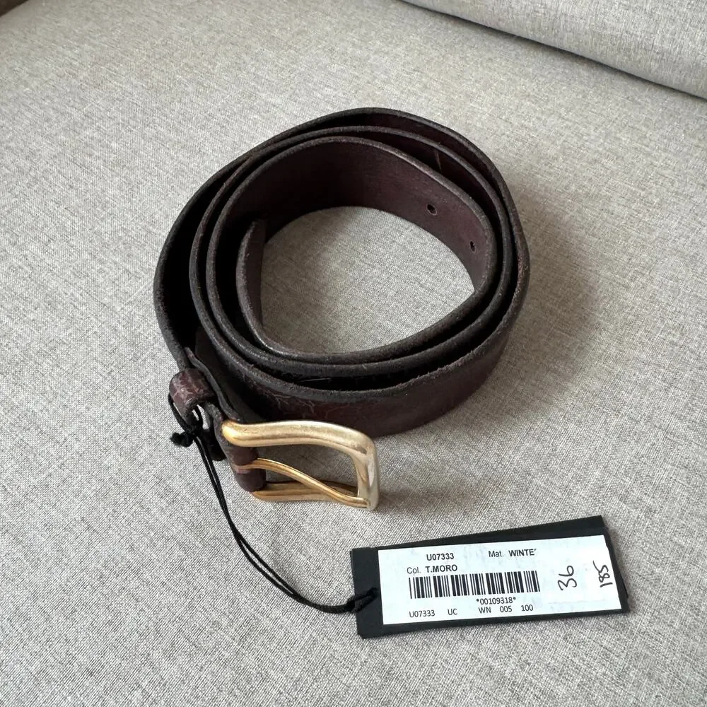 Orciani Winter Italian Leather Crackle Texture Brown Brass Buckle Belt 100 NEW
